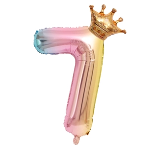 Detailed view of rainbow gradient number 7 balloon with golden crown for birthday parties