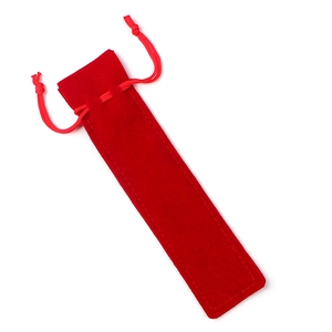 Red velvet drawstring bag for lipstick or pen storage on a clean white background