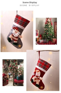 Detail of Christmas stocking decorations featuring 3D Santa, snowman, and plaid cuff design