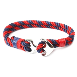 Braided nautical anchor bracelet with red and blue nylon cord and silver steel clasp