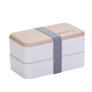 Double-layer Japanese bento box with white body and wood-grain lid with elastic strap