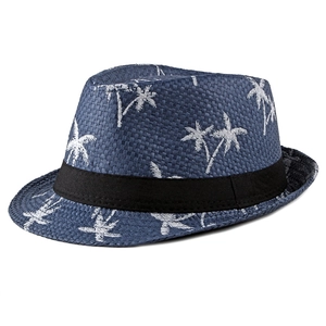 Dark blue straw trilby hat with white coconut tree prints and black grosgrain ribbon