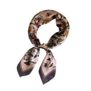Floral print silk square scarf in nude pink with botanical pattern and contrast edges