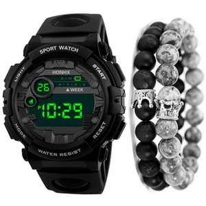 Detail view of black digital sport watch with a double-layered beaded crown bracelet