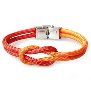 Dual-color red and orange braided paracord bracelet with a stainless steel buckle clasp