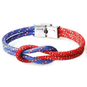 Marine style stainless steel clasp bracelet with red and blue nautical knot rope