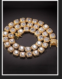 Detail of hip hop gold plated link necklace featuring large square cubic zirconia stones