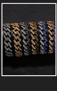 Showcase of hip hop Cuban bracelets in various gold and silver finishes with crystal stones