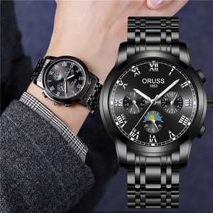 Business men's watch with steel strap, dual calendar, and moon phase display