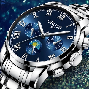 Detail of ORUSS business watch featuring a deep blue sunray dial and Roman numerals
