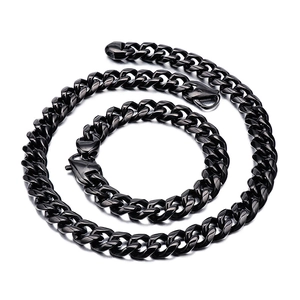 Men's polished black stainless steel Cuban link necklace and bracelet jewelry set
