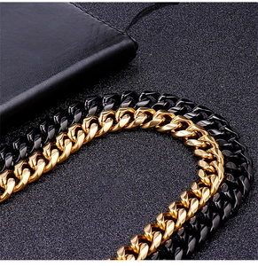 Detail shot of men's Cuban link chains in polished gold and black finishes