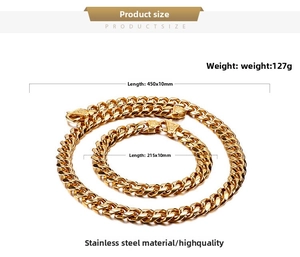 Detailed specs of gold Cuban chain set in stainless steel with exact measurements