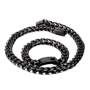 Black stainless steel Cuban link jewelry set with necklace and bracelet for men