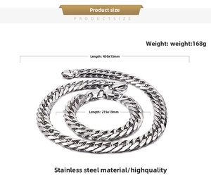 Detail of silver stainless steel curb chain set with 13mm width necklace and bracelet