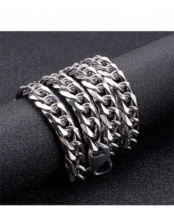 Macro view of a polished stainless steel curb chain necklace for men with silver finish