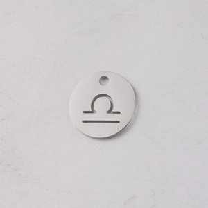 Macro view of 12mm stainless steel mirror finish pendant featuring Libra zodiac cutout