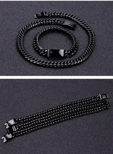 Close-up of black stainless steel curb chain set including necklace and bracelet with clasp