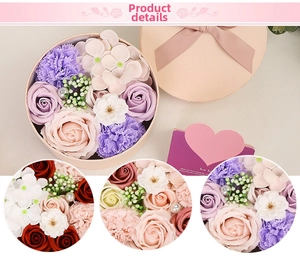 Detail view of round gift box featuring soap flower roses and pearls with a pink lid