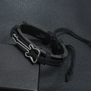 Braided black leather bracelet with a vintage metal guitar charm for men and women