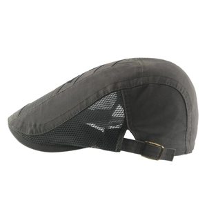 Olive green ivy cap with black mesh panels and bronze adjustable buckle side view