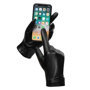 Women's black winter PU leather gloves with touchscreen fingertips and decorative wrist buttons