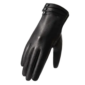 Women's winter black PU leather gloves with touch screen design and three-button wrist detail