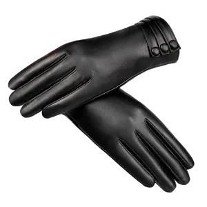 Women's black winter warm PU leather gloves with plush lining and three decorative buttons