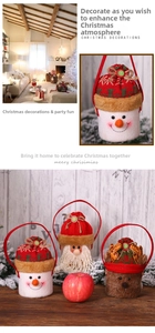 Detail of Christmas gift bags featuring 3D knitted Santa, snowman, and reindeer characters