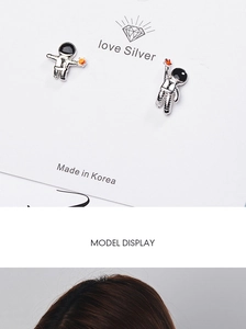 Detail view of silver astronaut earrings with black enamel and orange accents on model