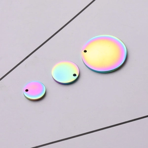 Polished rainbow stainless steel round charms in three sizes for DIY jewelry making