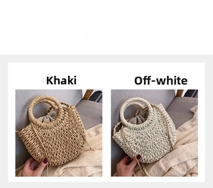 Handmade straw woven handbag with round handle and drawstring closure, stylish summer beach bag.