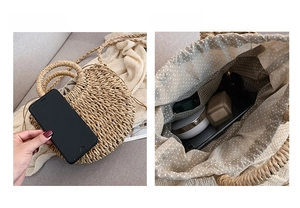 Handmade straw woven handbag for women, summer beach round shoulder bag with cute polka dot inner.