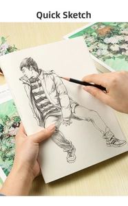 Close-up of 16K sketchpad featuring detailed pencil drawing on thick ivory paper