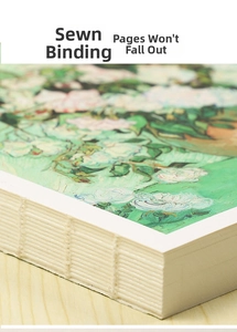 Detail of hand-sewn binding on an impressionist floral 16K sketchbook for painting