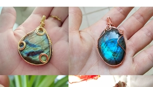 Detailed view of handmade copper wire wrapped gemstone pendants in gold and bronze finish