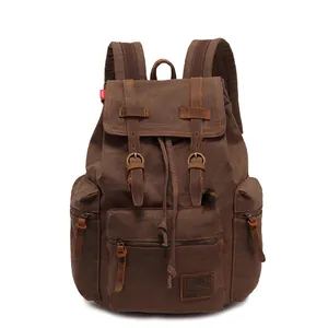 Backpack Vintage Canvas And Leather Large Capacity Laptop Bag Travel Casual Rucksack For Men