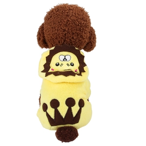 Detail of soft yellow coral fleece dog hoodie featuring a lion hood and crown embroidery