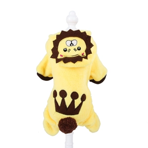 Detail of lion-style pet hoodie featuring warm coral fleece material and crown print