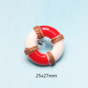 Detail of red and white lifebuoy resin charm with rope texture, size 25x27mm for DIY crafts