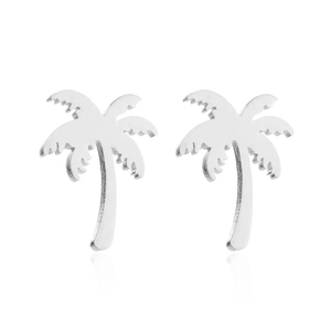 Minimalist silver stainless steel coconut tree stud earrings for summer beach outfits
