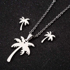 Stainless Steel Coconut Tree Palm Tree Necklace And Earrings Minimalist Summer Beach Jewelry For Women