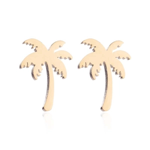 Bohemian gold palm tree stud earrings with polished metallic finish on white background