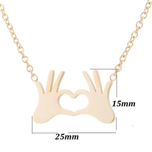 Gold stainless steel necklace with hand gesture heart pendant measuring 25mm by 15mm