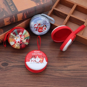 Christmas theme round tinplate coin purse featuring cartoon Santa and zipper closure
