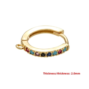 Detail of 2.0mm thickness gold earring hoop with multi-colored zircon stones and small charm loop