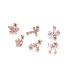 6-piece rose gold stainless steel earring set with zircon butterfly and cross charms
