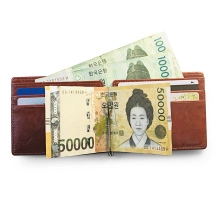 Detailed top view of brown leather money clip wallet with multiple card slots and notes