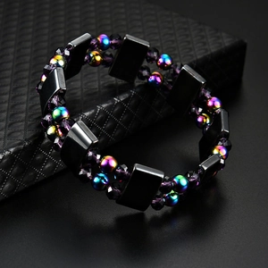 Double-layer handmade woven bracelet with black hematite and rainbow magnetic beads