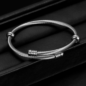 Silver 3mm stainless steel wire twisted cable cuff bracelet with round bead accents